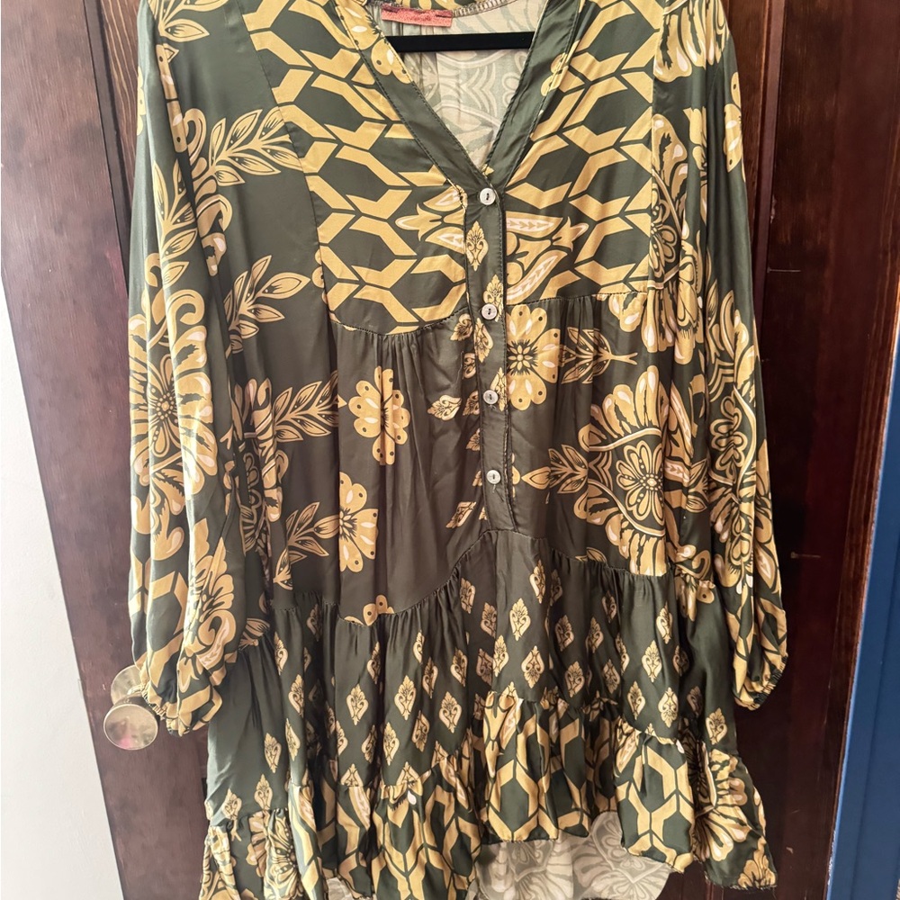 Elegant Olive and Mustard Floral Tunic